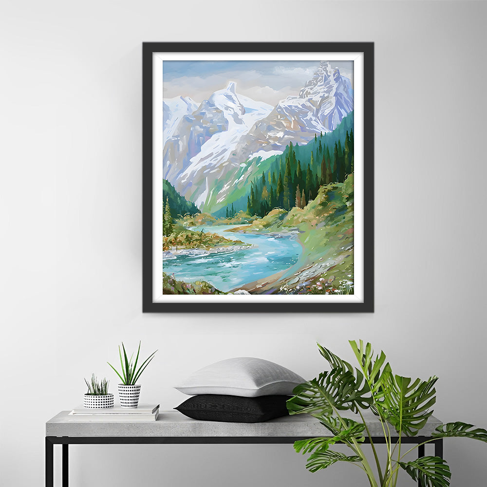 Groen Bos en Besneeuwde Berg Diamond Painting