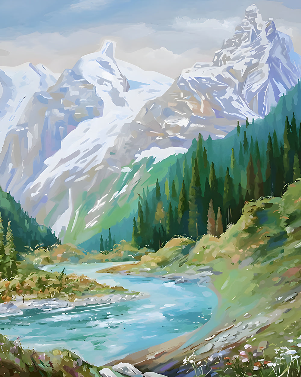 Groen Bos en Besneeuwde Berg Diamond Painting