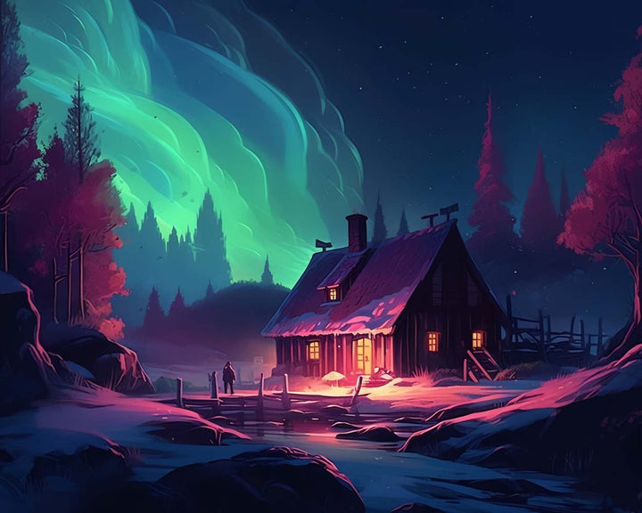 Groene Aurora en Hut Diamond Painting