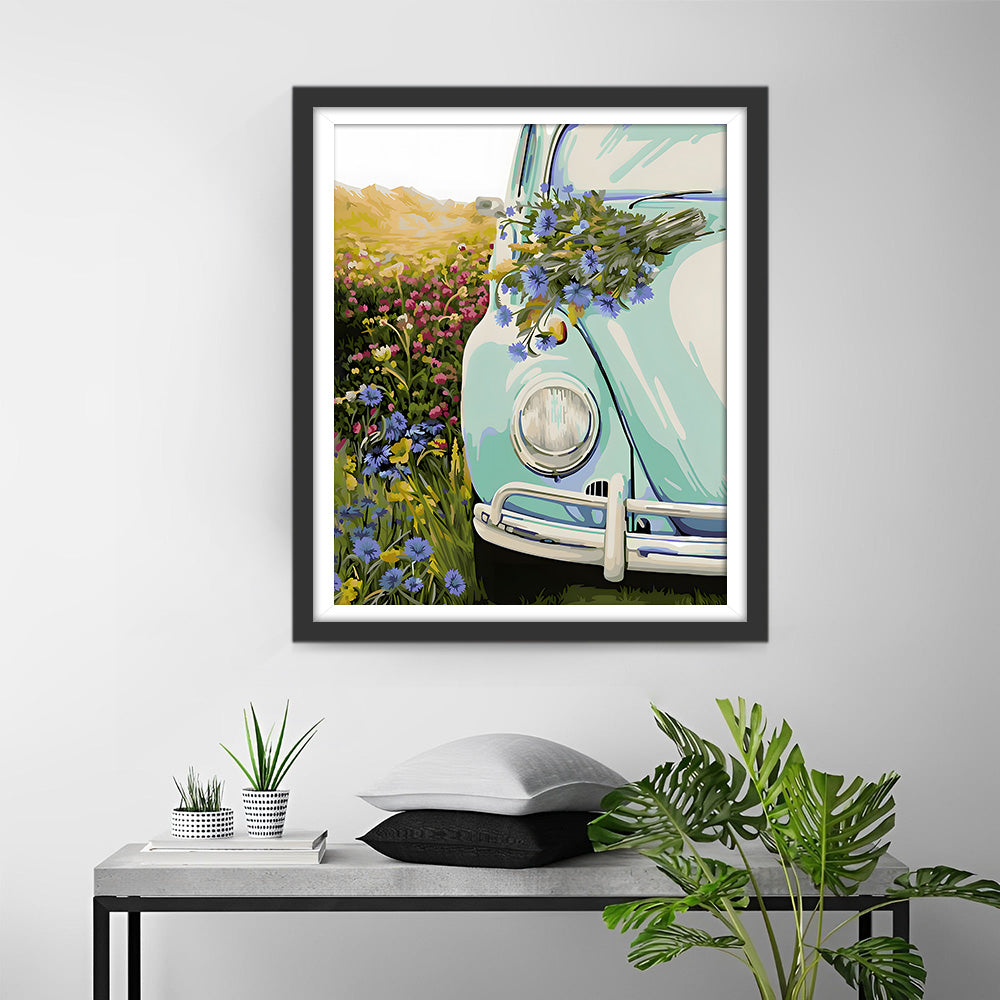 Groene Auto en Wilde Bloemen Diamond Painting