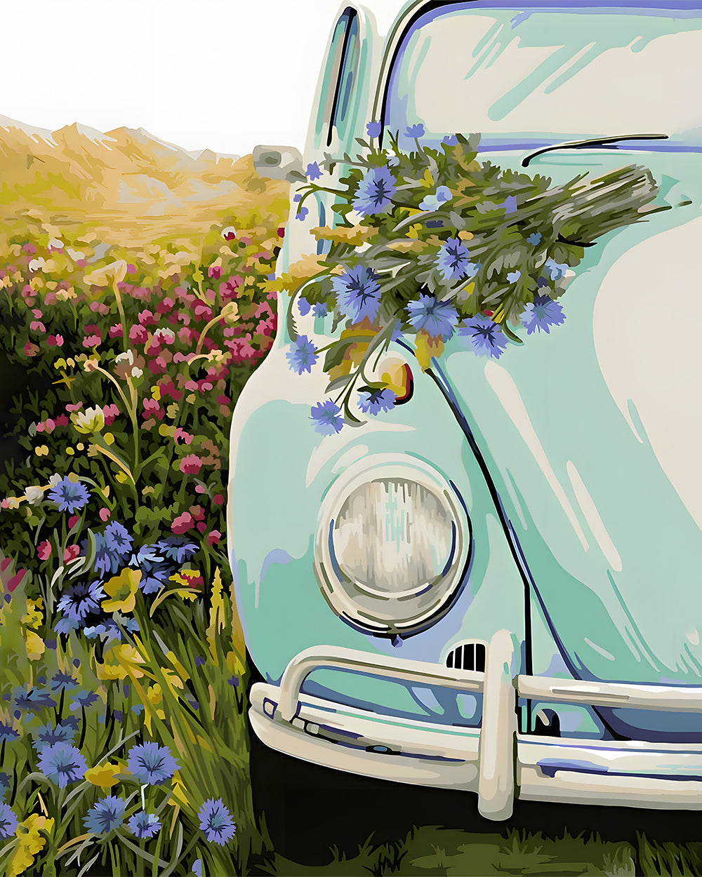Groene Auto en Wilde Bloemen Diamond Painting