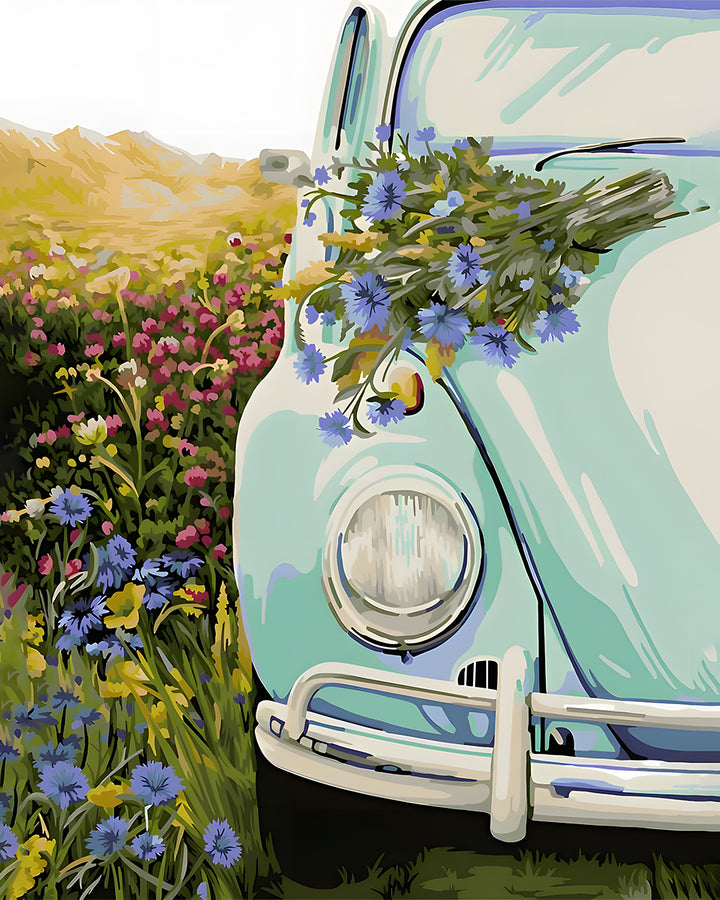 Groene Auto en Wilde Bloemen Diamond Painting