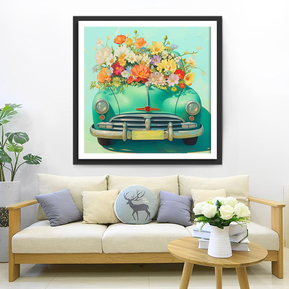 Groene Auto Vol Bloemen Diamond Painting