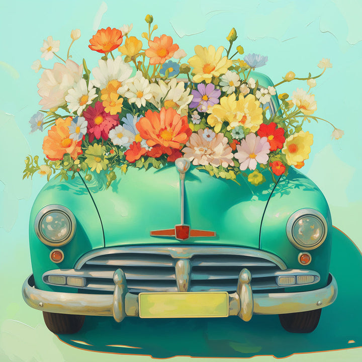 Groene Auto Vol Bloemen Diamond Painting