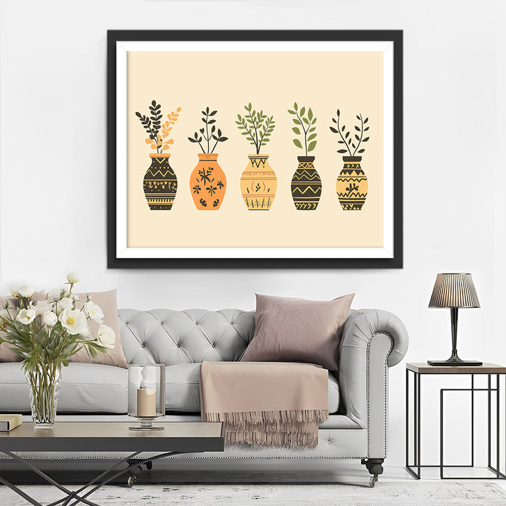 Groene Bladerige Takken in Vazen Diamond Painting