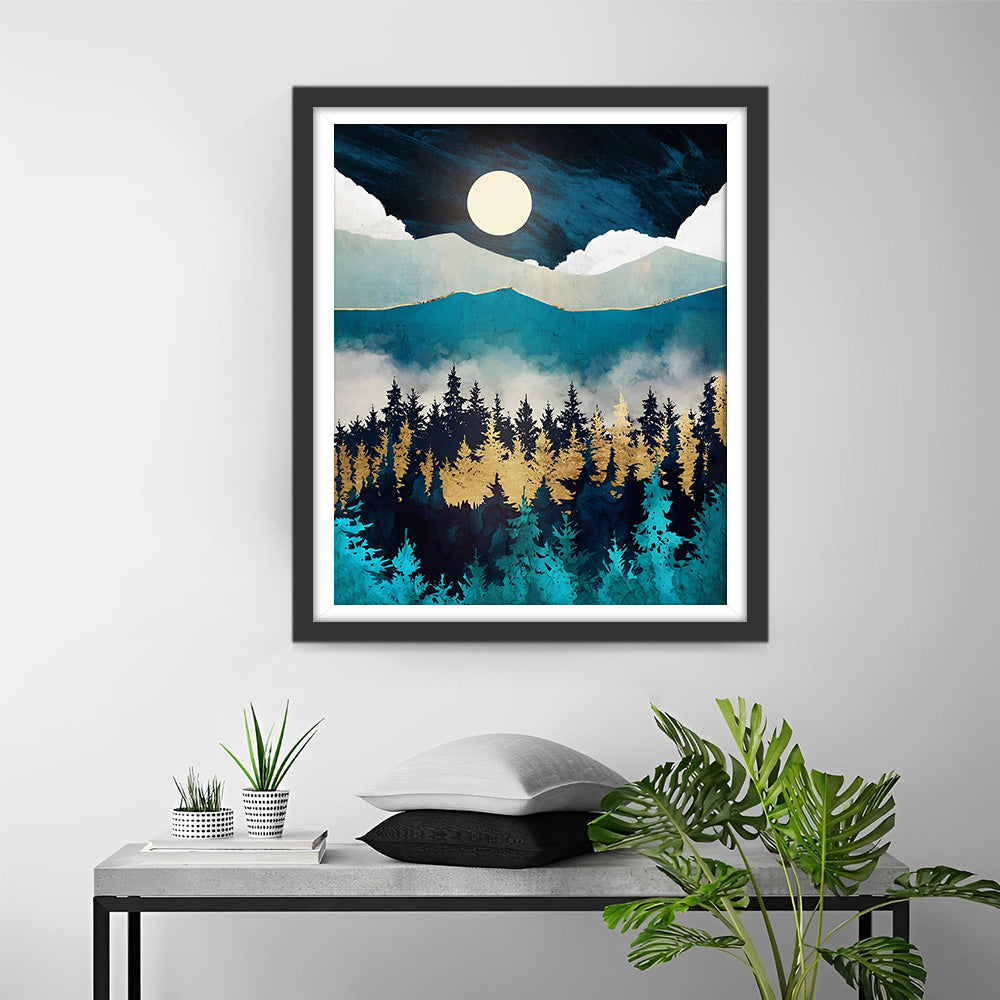 Groene en Gouden Bergen en Bos Diamond Painting