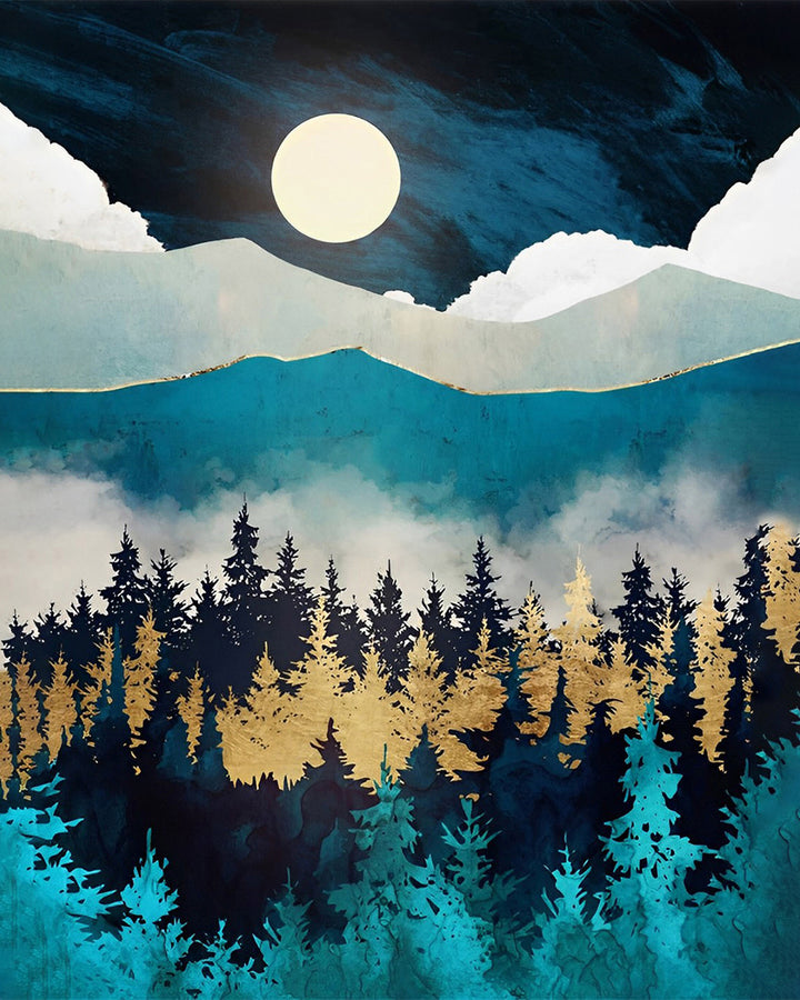 Groene en Gouden Bergen en Bos Diamond Painting