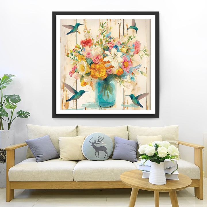 Groene Kolibries en Bloemenboeket Diamond Painting