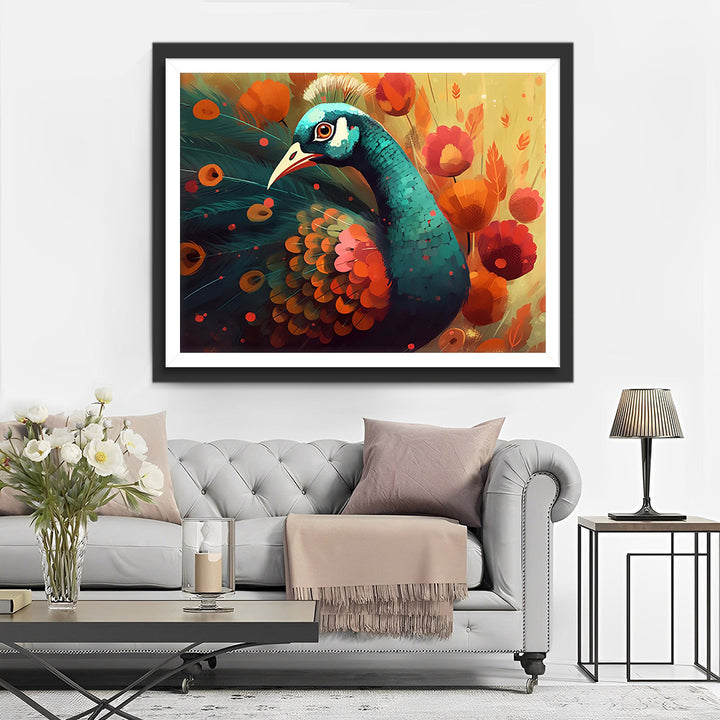 Groene Pauw en Roze Bloemen Diamond Painting