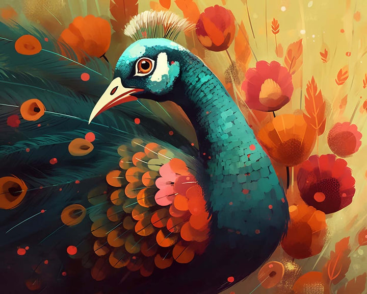 Groene Pauw en Roze Bloemen Diamond Painting