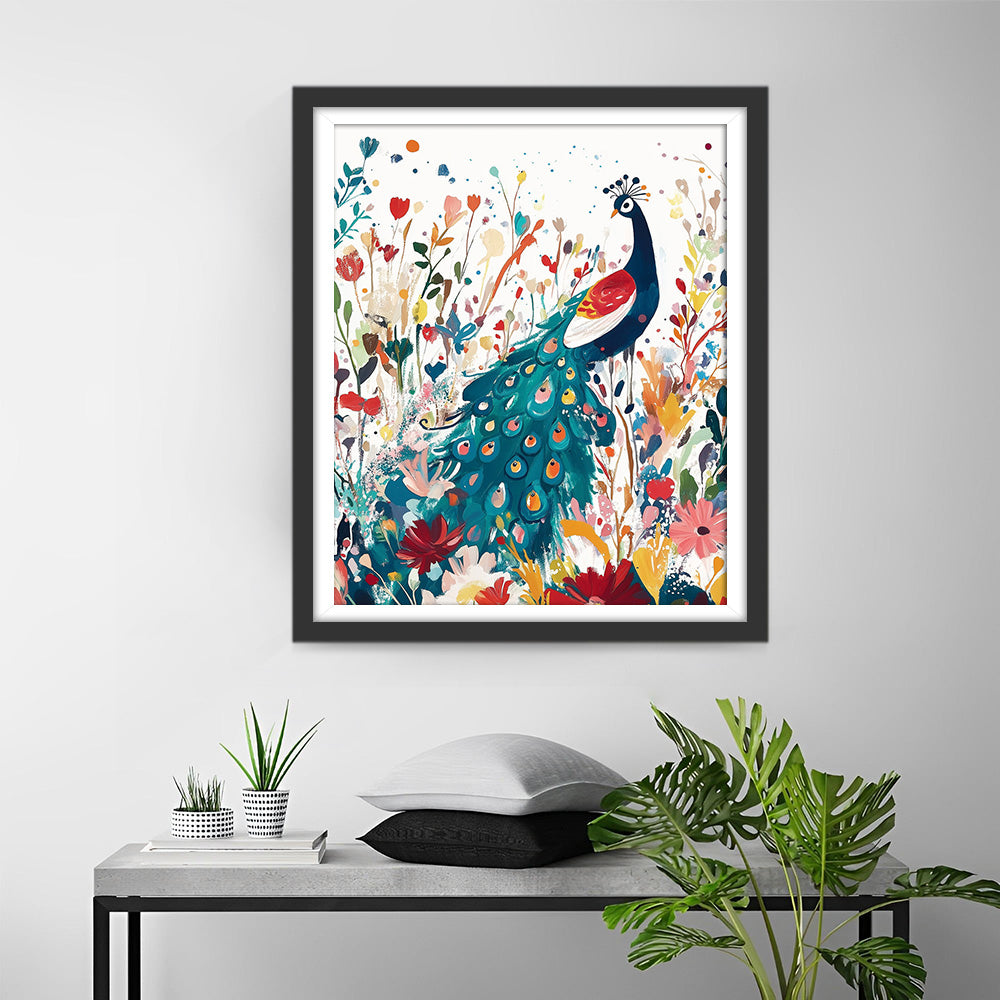 Groene Pauw in Bloemen Vijver Diamond Painting