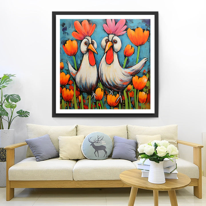 Grote Hanen en Tulpen Diamond Painting
