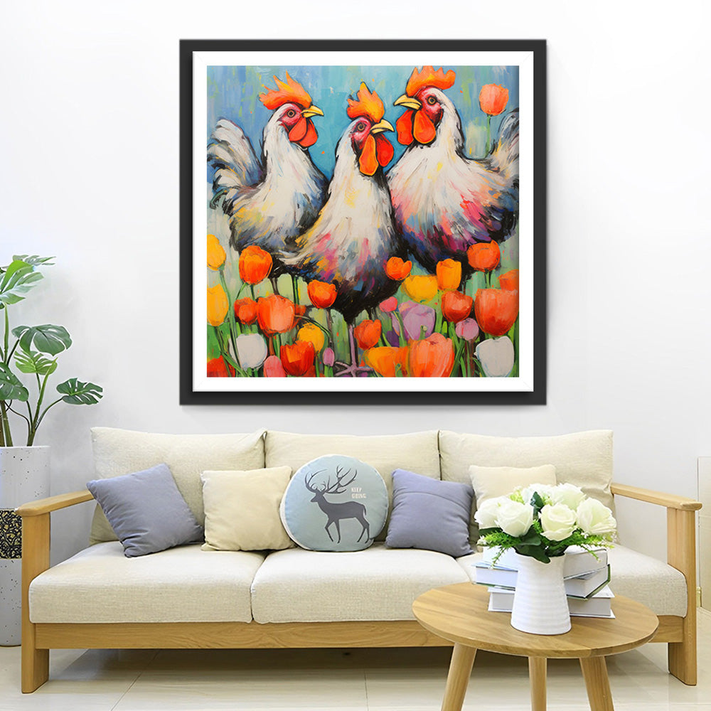 Grote Hanen in de Tulpentuin Diamond Painting