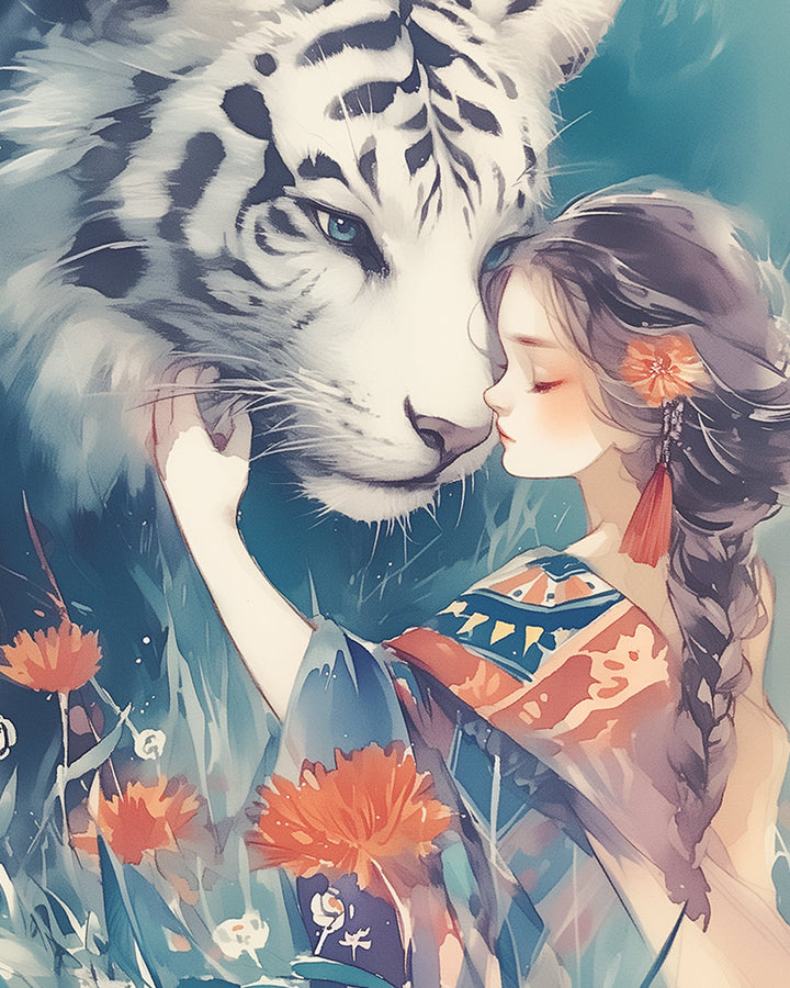 Grote Tijger en Mooi Meisje Diamond Painting