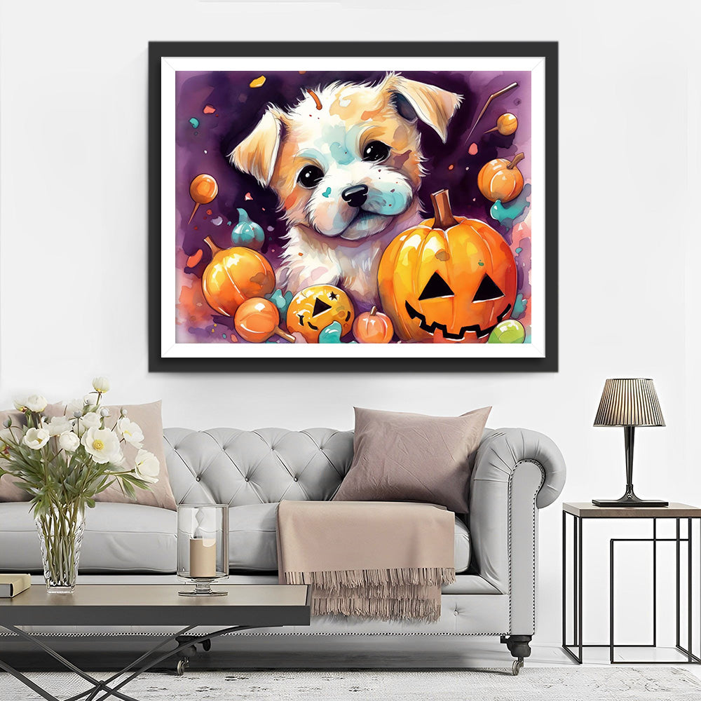 Halloween Pompoen Lantaarns en Witte Hond Diamond Painting