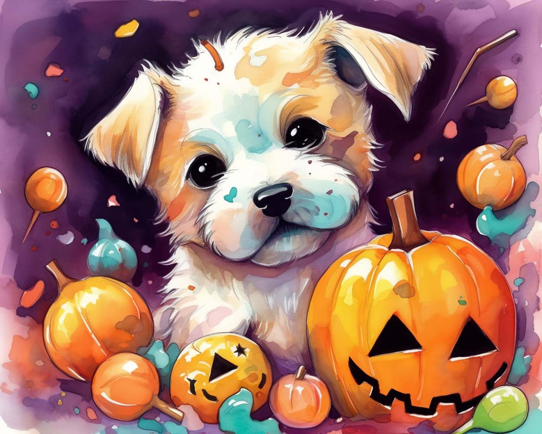 Halloween Pompoen Lantaarns en Witte Hond Diamond Painting