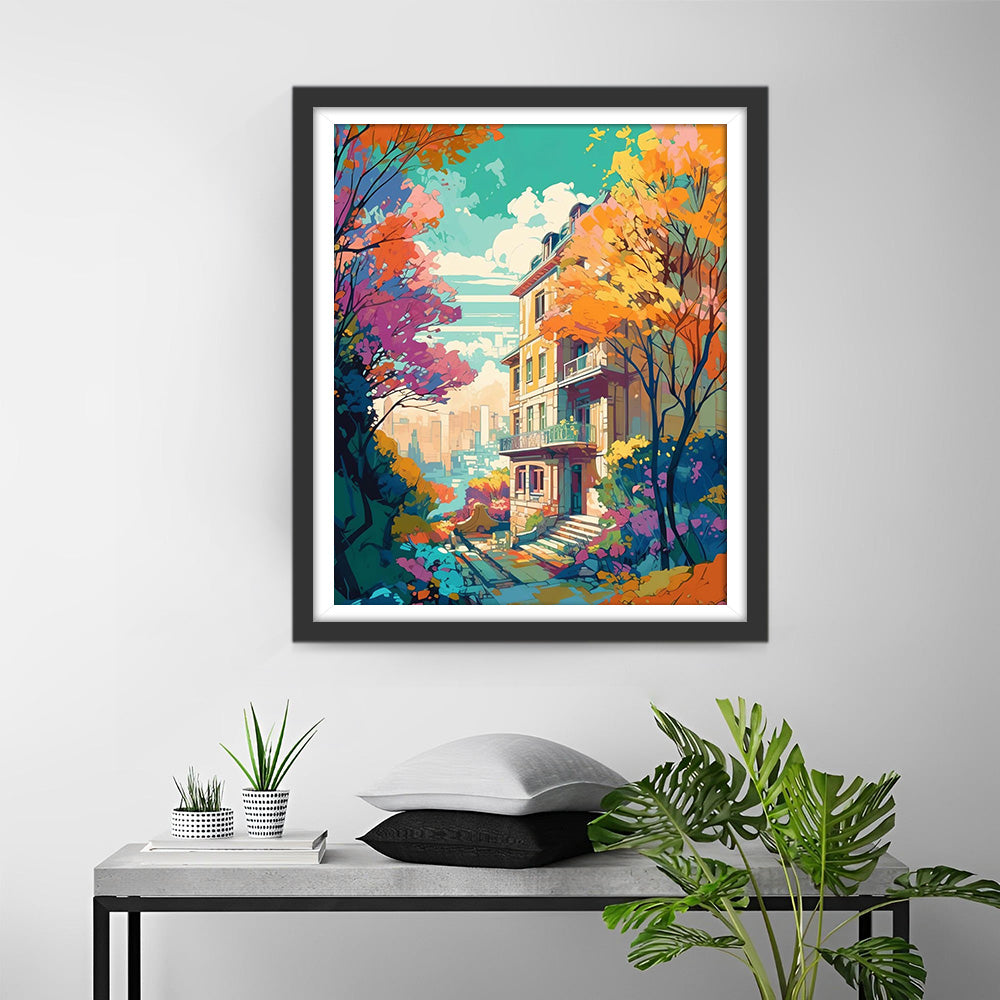 Herfstbomen tussen Hoge Gebouwen Diamond Painting