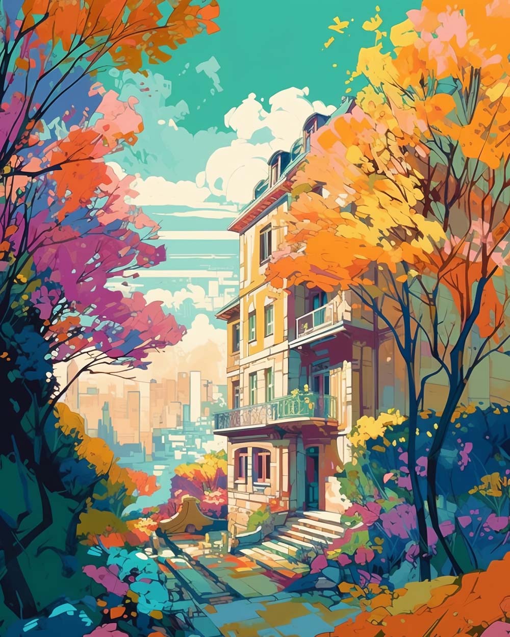 Herfstbomen tussen Hoge Gebouwen Diamond Painting