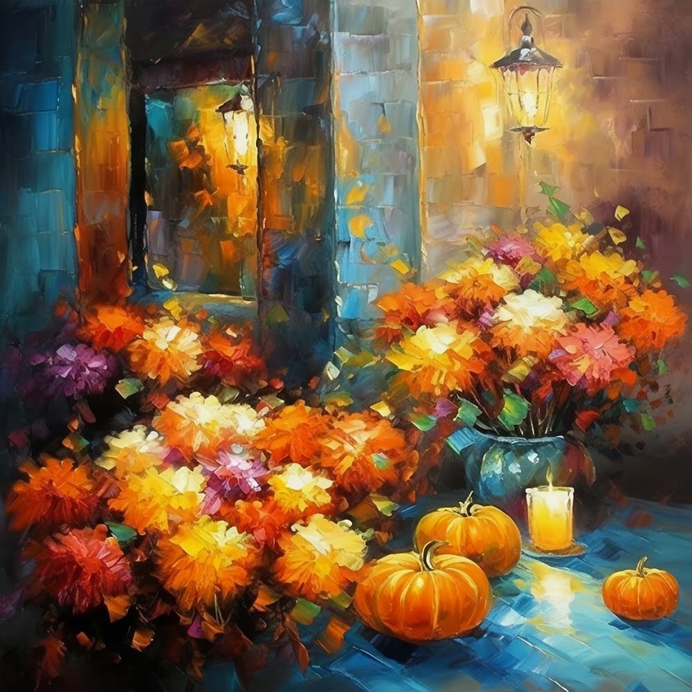 Herfstpompoenen en Passiebloemen Diamond Painting