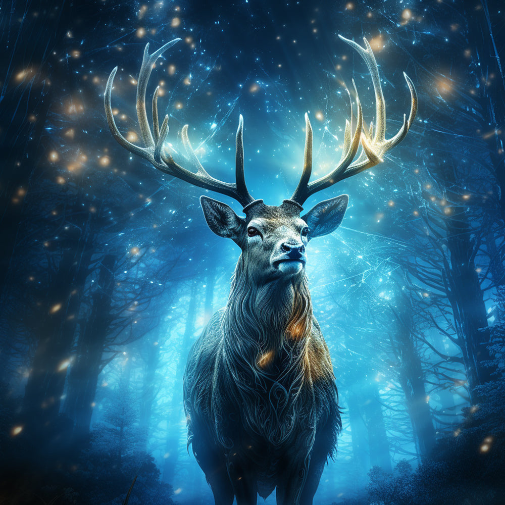 Hert in het Blauwe Fluorescerende Bos Diamond Painting
