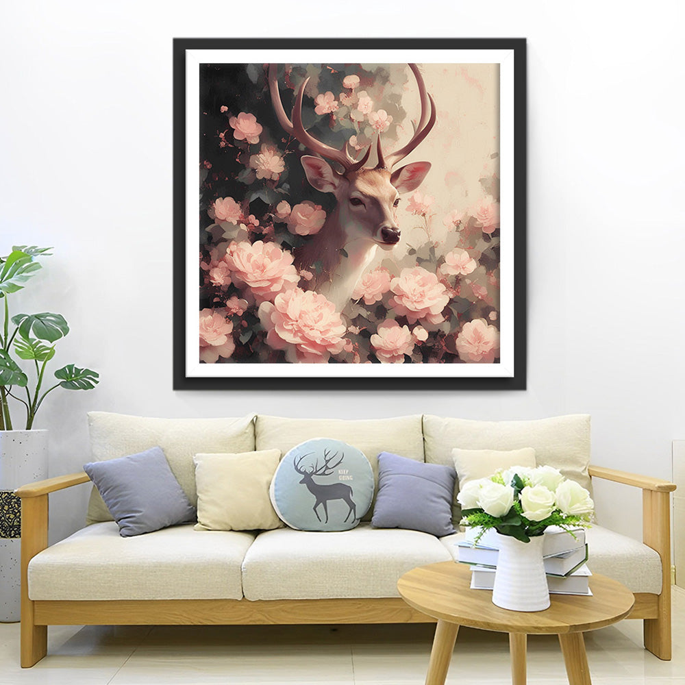 Hert omringd door Roze Bloemen Diamond Painting