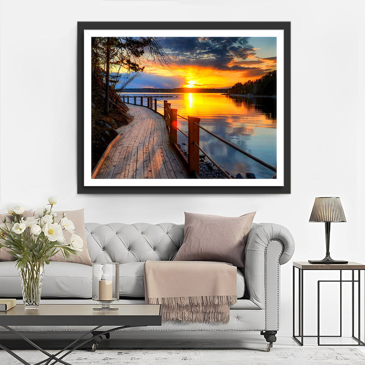 Het Houten Pad aan het Meer bij Zonsondergang Diamond Painting