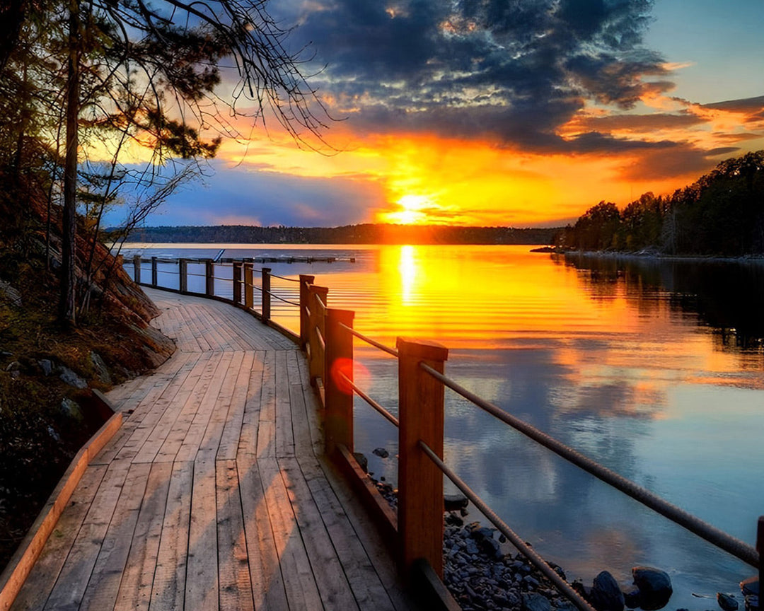 Het Houten Pad aan het Meer bij Zonsondergang Diamond Painting