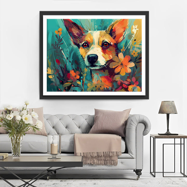 Hond tussen Bloemen Diamond Painting