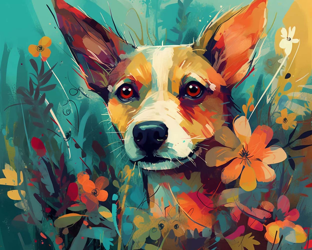 Hond tussen Bloemen Diamond Painting