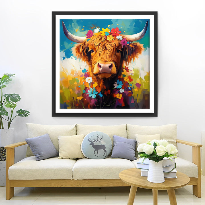 Hooglandkoe en Bloemetjes Diamond Painting