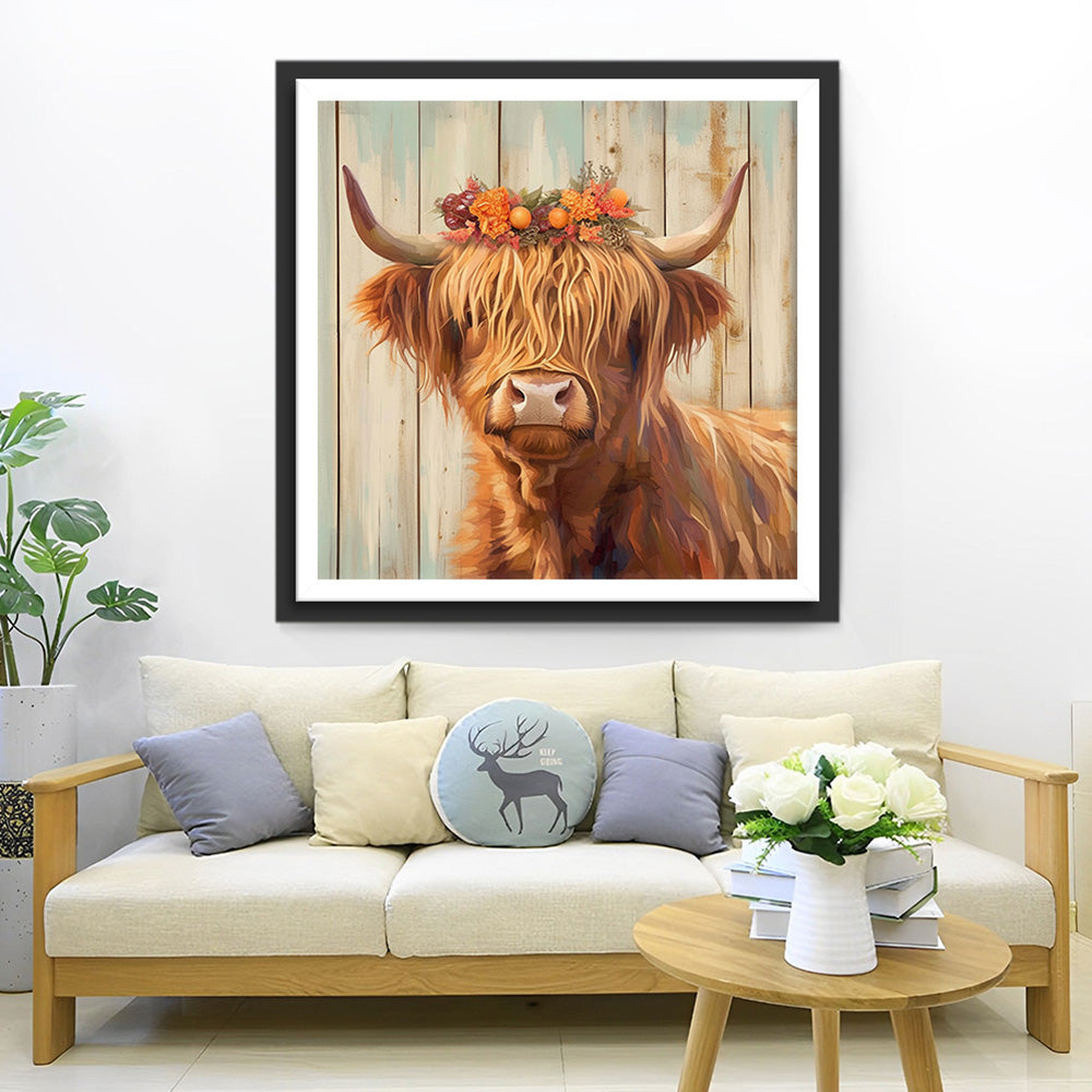 Hooglandkoe met Bloemenkrans Diamond Painting