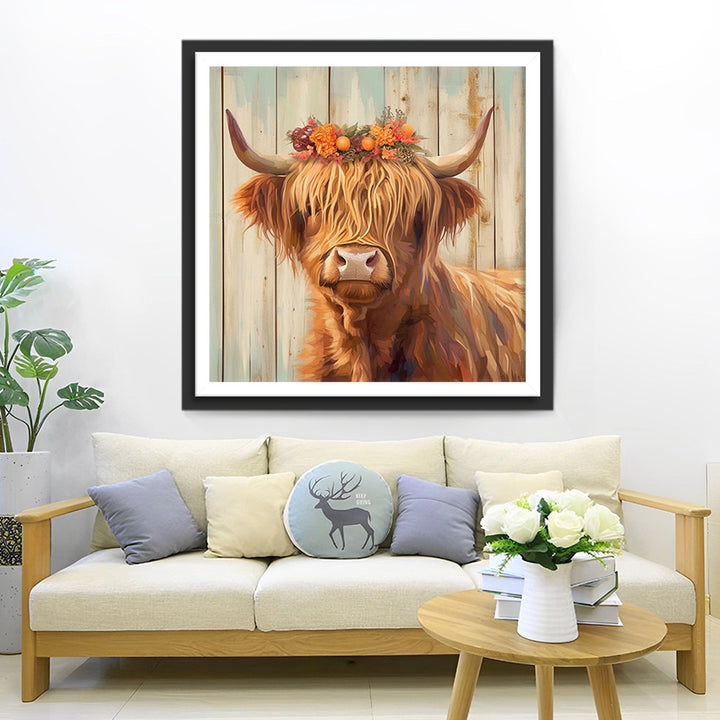 Hooglandkoe met Bloemenkrans Diamond Painting