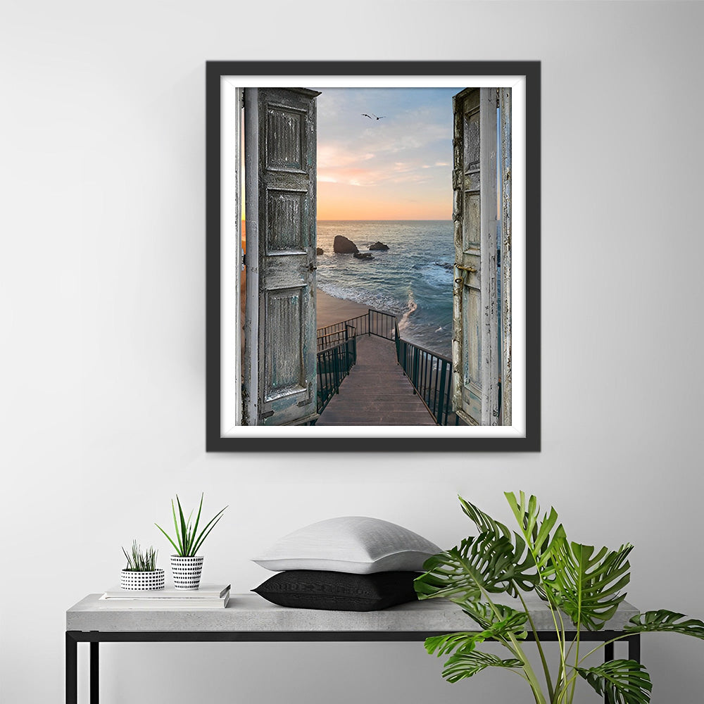 Houten Deur en Trappen bij de Zee Diamond Painting