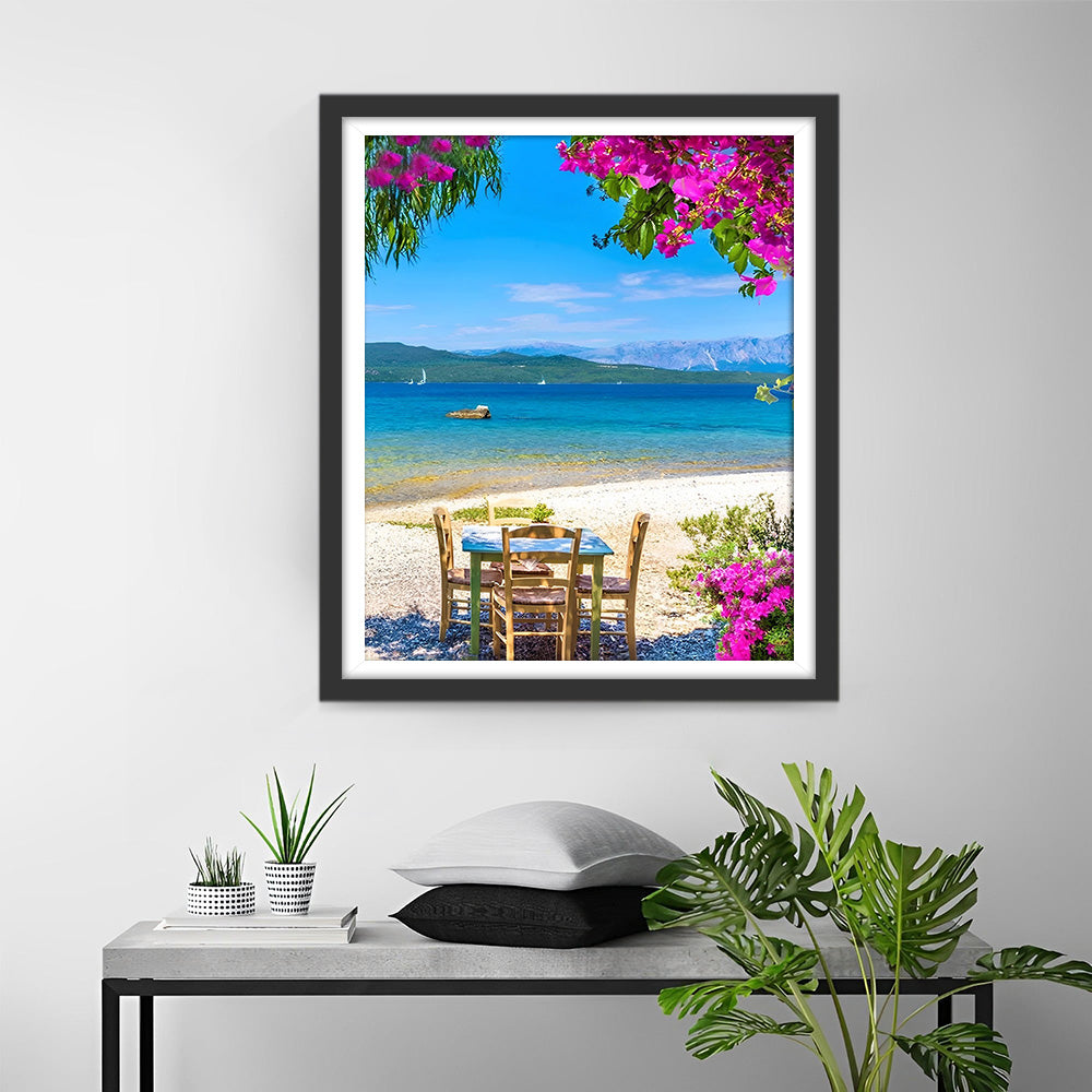 Houten Tafel en Stoelen aan Zee Diamond Painting