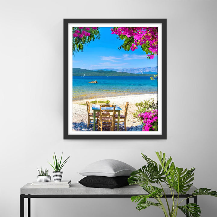 Houten Tafel en Stoelen aan Zee Diamond Painting