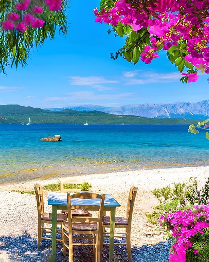 Houten Tafel en Stoelen aan Zee Diamond Painting