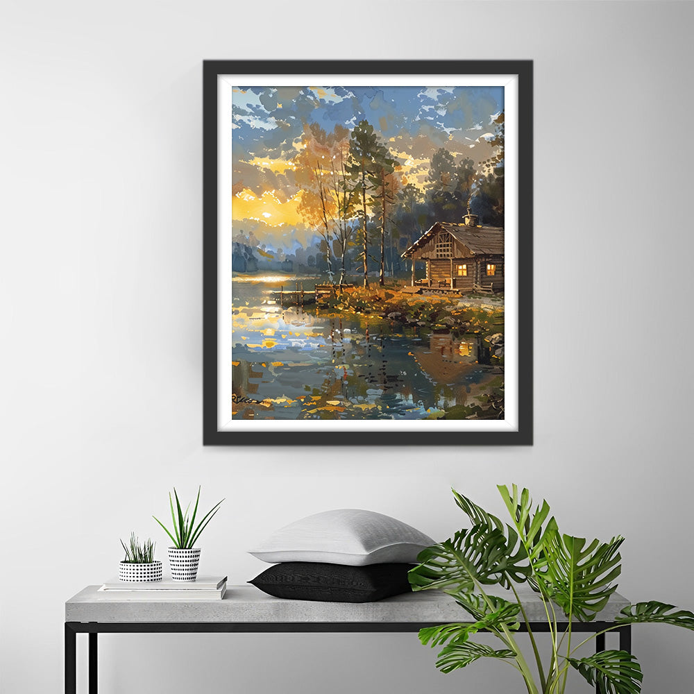 Huisje aan het Meer bij Zonsondergang Diamond Painting