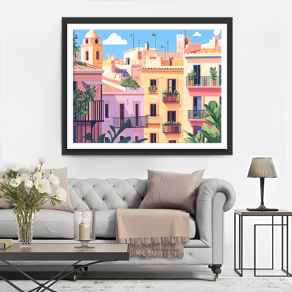 Huizen onder Blauwe Lucht Diamond Painting