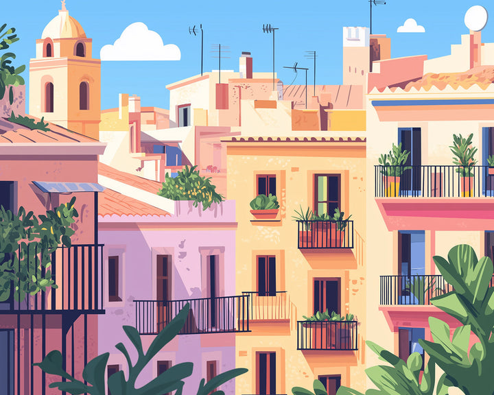 Huizen onder Blauwe Lucht Diamond Painting