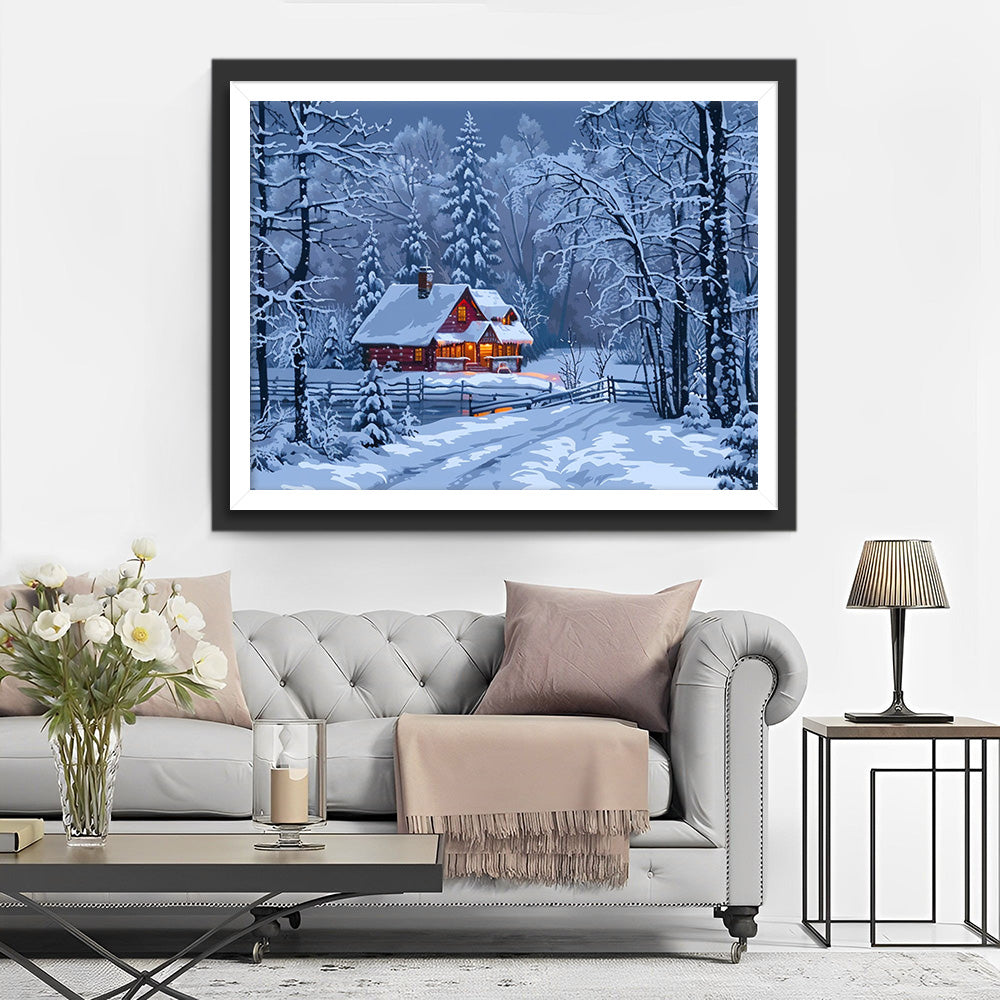 Hut en Bos in de Sneeuw Diamond Painting