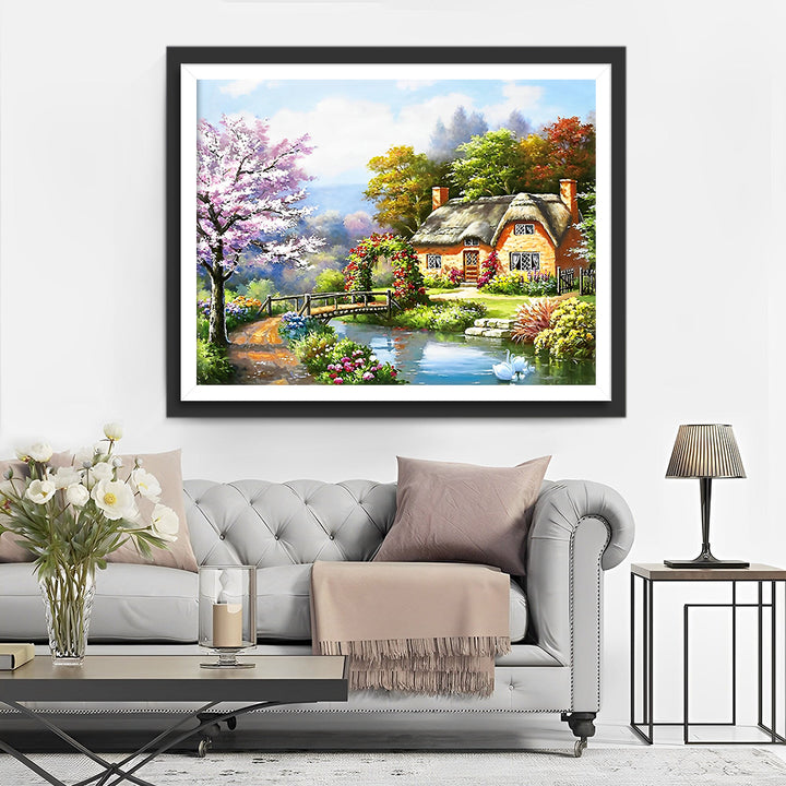 Hut, Rivier en Brug Diamond Painting