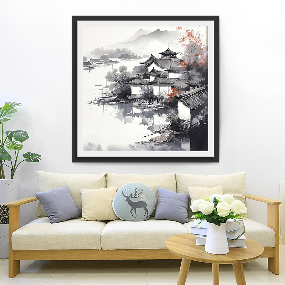 Inkttekening van Bergen en Huizen Diamond Painting