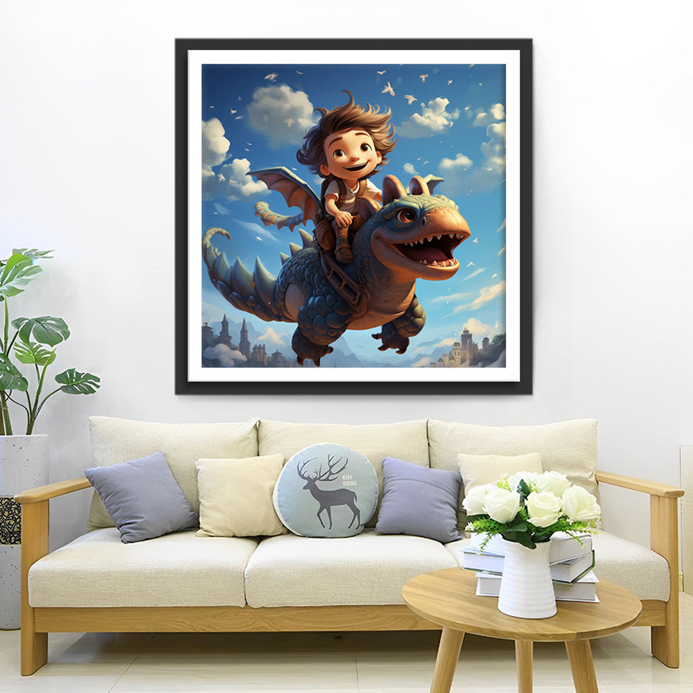 Jongen die op een Dinosaurus Rijdt Diamond Painting