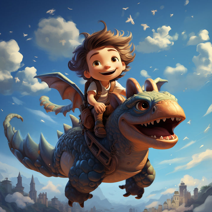 Jongen die op een Dinosaurus Rijdt Diamond Painting