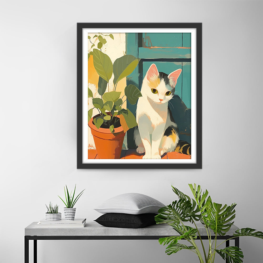 Kat en Plant bij de Deur Diamond Painting