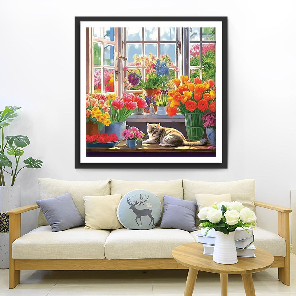 Kat in de Bloemenkamer Diamond Painting