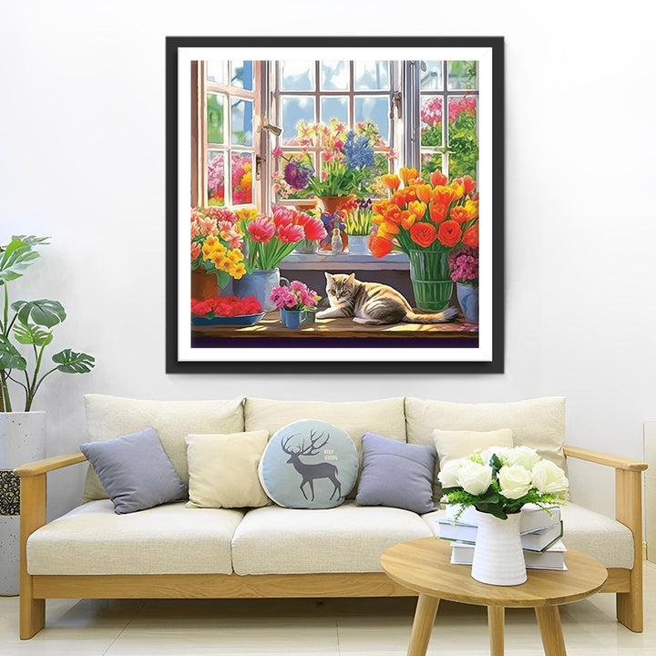 Kat in de Bloemenkamer Diamond Painting