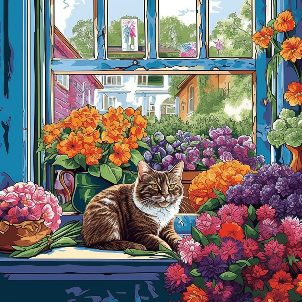 Kat omringd door Bloempotten Diamond Painting