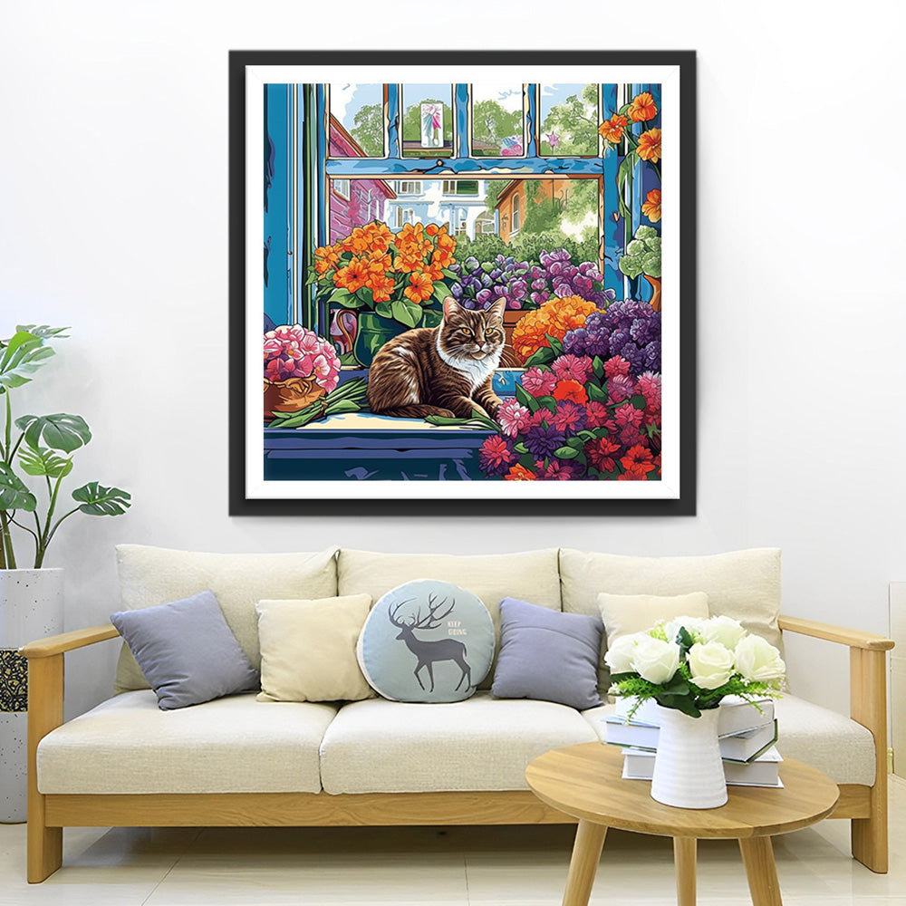 Kat omringd door Bloempotten Diamond Painting