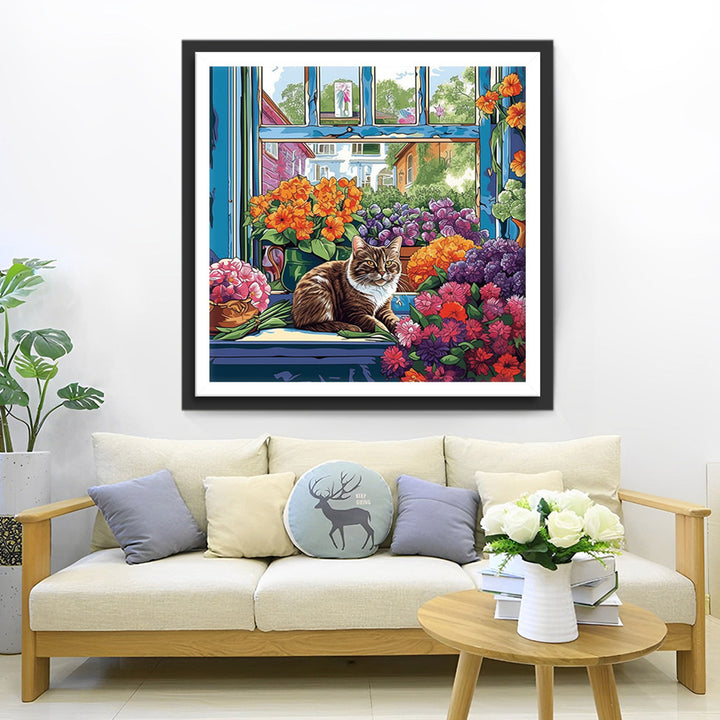 Kat omringd door Bloempotten Diamond Painting
